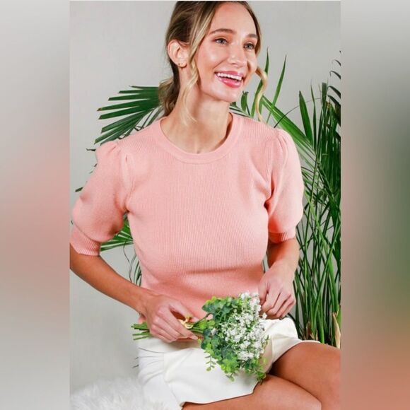 CREW NECK SHORT PUFF SLEEVE RIB KNIT TOP- peach - Picture 3 of 3